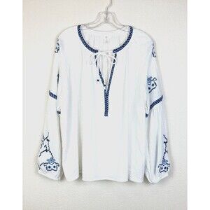 H&M  L.O.G.G. Tunic Blouse Size 12 White Gauze Embroidered Balloon Sleeve